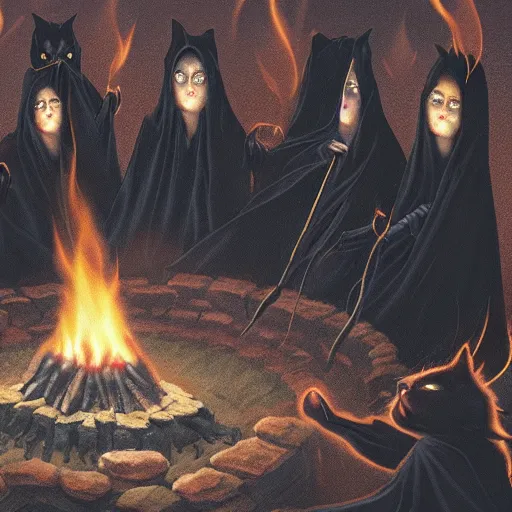 Prompt: a cult of black cloak wearing kittens summon a evil goddess from the depths of a raging fire pit. Flames are emerging from fissures in the ground.