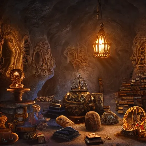 Image similar to epic view of an ancient dark byzantine cave interior, ornate oil lamp on a pile of crystals, books covered in jewels, ornate, surrounded by strange statues and treasure, full of sand and dust, hyper real, Indiana Jones, Tomb Raider, trending on artstation, concept art, cinematic, jewels