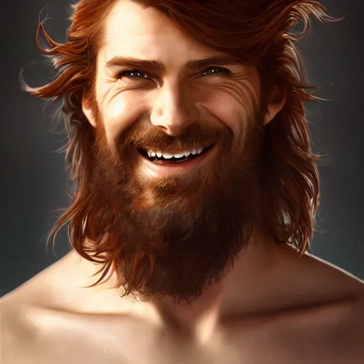 Image similar to portrait of a young ruggedly handsome but joyful pirate, male, masculine, upper body, red hair, long hair, d & d, fantasy, giddy smirk, intricate, elegant, highly detailed, digital painting, artstation, concept art, matte, sharp focus, illustration, art by artgerm and greg rutkowski and alphonse mucha
