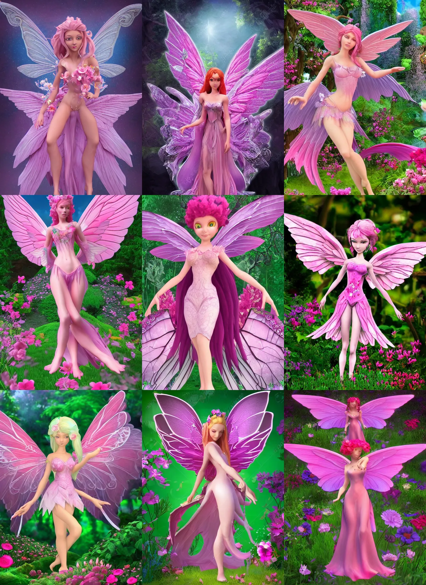 Prompt: full body 3 d d & d style of a pink beautiful fairy with large wings and flowing hair is exploring her flower garden, extremely detailed