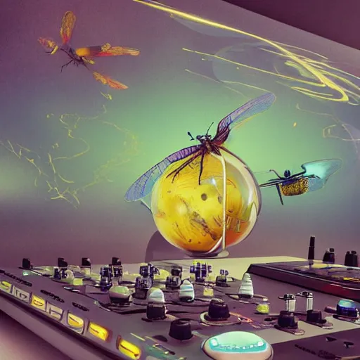 Image similar to surreal gouache painting, by yoshitaka amano, by ruan jia, by Conrad roset, by good smile company, detailed anime 3d render of big transparent amber stone in the center of the screen with a magical dragonfly inside. dragonfly inside an amber stone, amber stone on the Dj mixer, Surrounded by a big DJ Mixer, Controller deck, portrait, cgsociety, artstation, rococo mechanical and Digital and electronic, dieselpunk atmosphere