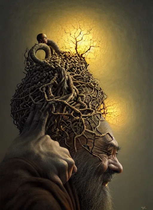 Image similar to monk with roots all over his face and a bonsai hat, intricate, rim light, extremly detailed digital painting, by tomasz alen kopera, james jean and fenghua zhong, highly detailed, art, cinematic lighting, very coherent, hyper realism, high detail, 8 k