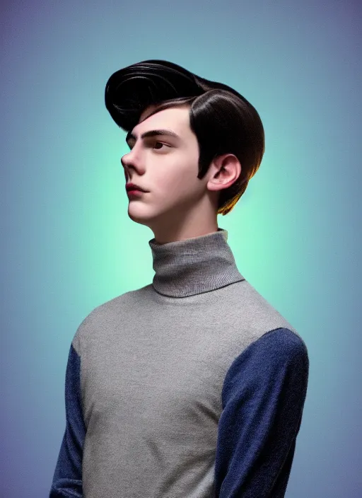 Image similar to portrait of teenage jughead jones wearing a light grey crown, crown, blue turtleneck, 1 9 5 0 s, closed eyes, photorealistic, black hair, glowing lighting, intricate, elegant, glowing lights, highly detailed, digital painting, artstation, concept art, smooth, sharp focus, illustration, art by wlop, mars ravelo and greg rutkowski