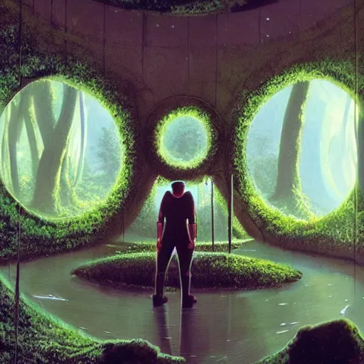 Image similar to portal in a middle of a lush futuristic forest, alien world seen through a portal, person in a cloak standing in front of a portal, syd mead, john harris