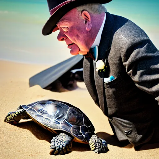 Image similar to An astonished Winston Churchill discovers the first turtle ever in Galapagos, XF IQ4, f/1.4, ISO 200, 1/160s, 8K, RAW, unedited