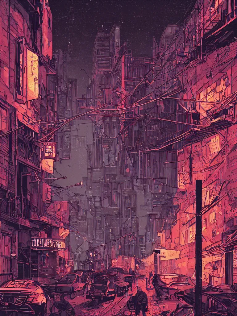 Prompt: a dark alley with abandoned buildings, a nightclub with neon signs, menacing skyline by olivier bonhomme, digital illustration