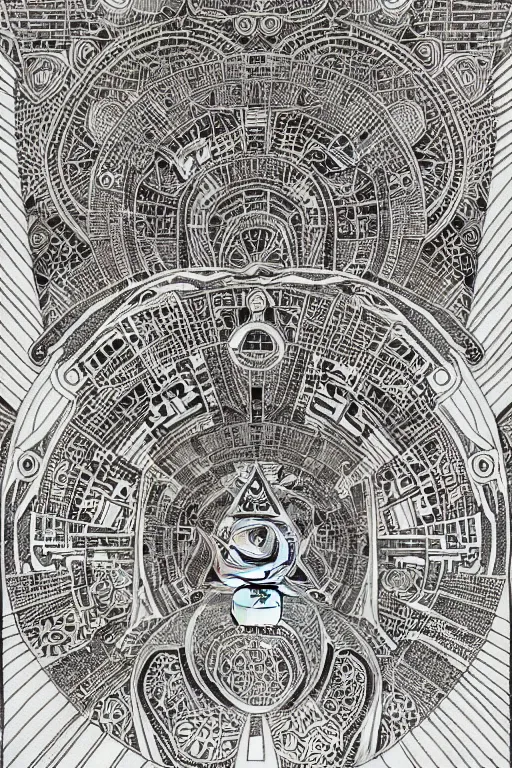 Image similar to a black and white drawing of an ancient temple mandala, a detailed mixed media collage by hiroki tsukuda and eduardo paolozzi and moebius, intricate linework, sketchbook psychedelic doodle comic drawing, geometric, street art, polycount, deconstructivism, matte drawing, academic art, constructivism