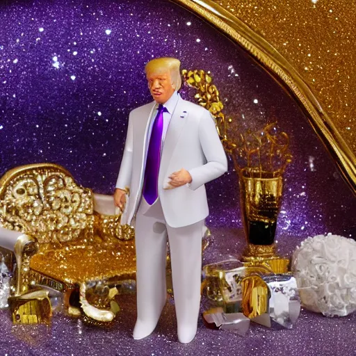 Image similar to Donald Trump with silver-violet hair, white eyes and golden glittery dress, wide lens, diorama, 4k,