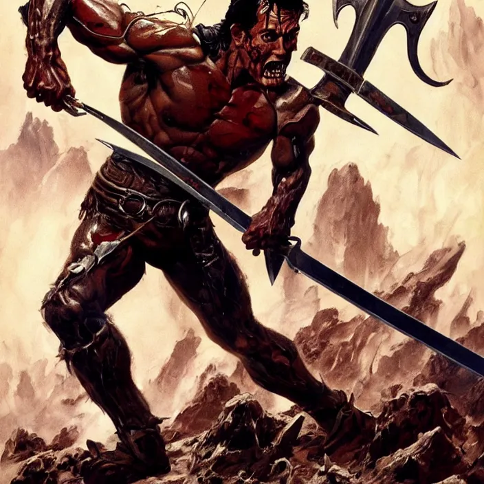 Image similar to Ash Williams from The evil dead, manowar album, Muscular man, striking demon with large bloody barbarian sword, D&D, fantasy, intricate, cinematic lighting, highly detailed, digital painting, artstation, concept art, smooth, sharp focus, illustration by Frank Frazetta,