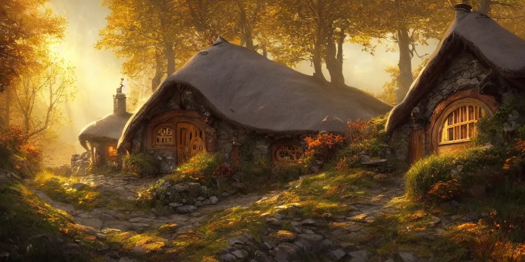 Image similar to a hobbit cottage on top of a steep hill, greg rutkowski, zabrocki, moebius, karlkka, jayison devadas, highly detailed, autumn sunlights, smoky atmosphere, ( ray of sunlight ), trending on artstation, 8 k, ultra wide angle, zenith view, pincushion lens effect