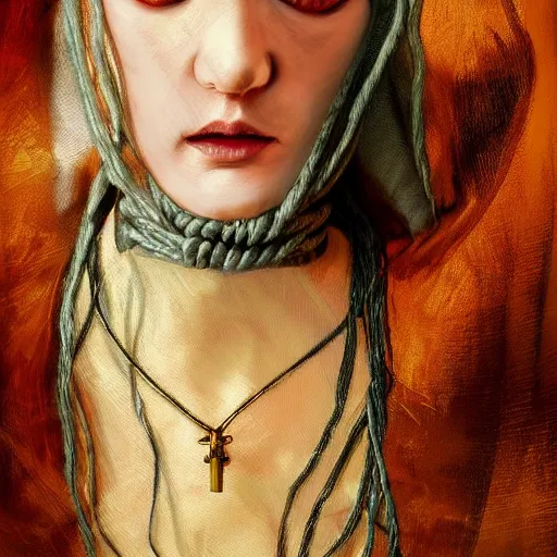 Image similar to portrait of a Shibari rope wrapped face and neck, headshot, insanely nice professional hair style, dramatic hair color, digital painting, of a old 16th century, Black Nun, amber jewels, baroque, ornate clothing, scifi, realistic, hyper detailed, chiaroscuro, concept art, art by Franz Hals and Jon Foster and Ayami Kojima and Amano and Karol Bak,