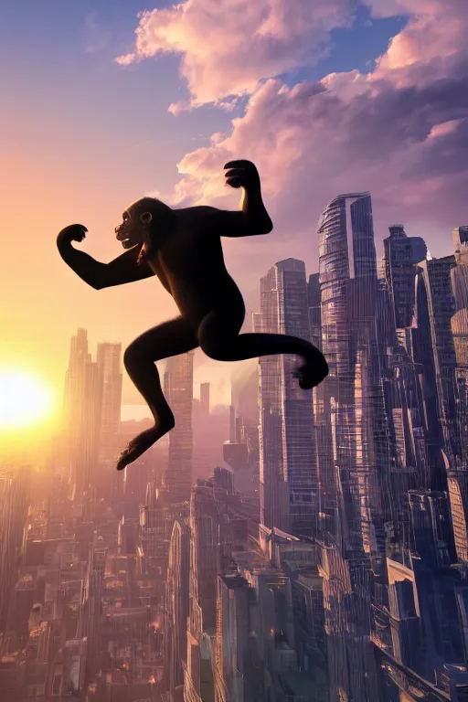 Prompt: ape wearing formal suit jumping over skyscraper, skyline showing, 8k hyper realistic, sunset, volumetric rays, fine art, artstation, matte painting, masterpiece by vasnetsov