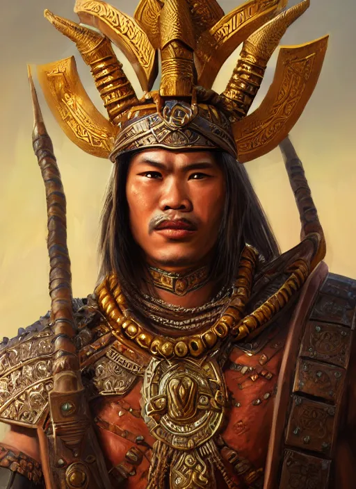 Image similar to smart tai warlord, closeup portrait, historical hero, ethnic group, sukhothai costume, thai bronze headdress, intricate, with leather armor cross on bare chest, elegant, loin cloth, highly detailed, oil painting, artstation, concept art, matte, sharp focus, illustration, hearthstone, art by earl norem