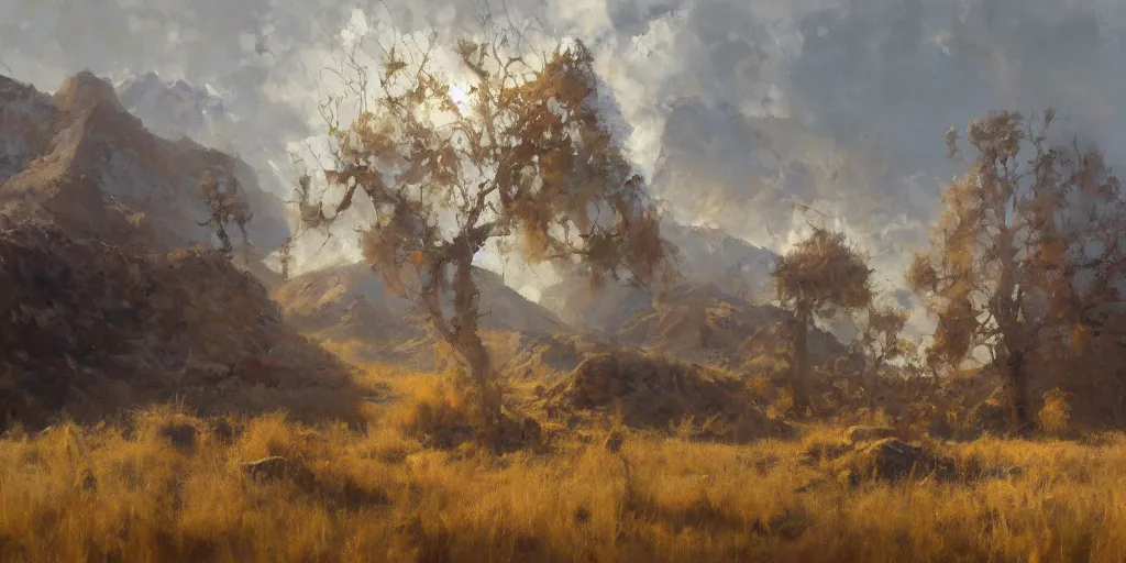 Prompt: an oil landscape painting; masterpiece; extremely-detailed; by Craig Mullins