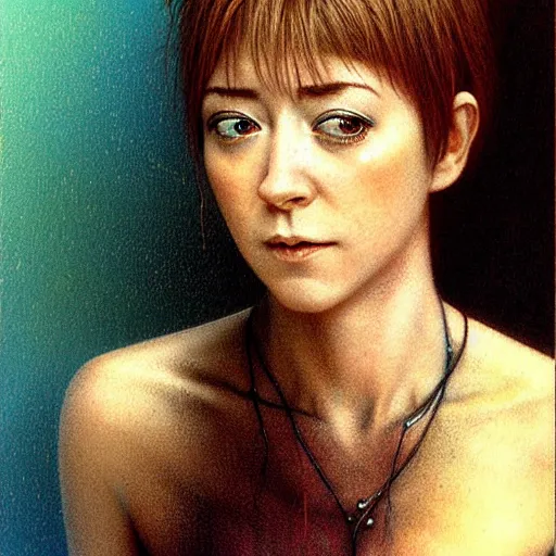 Prompt: 2 0 years old alyson hannigan with short short hairs by beksinski