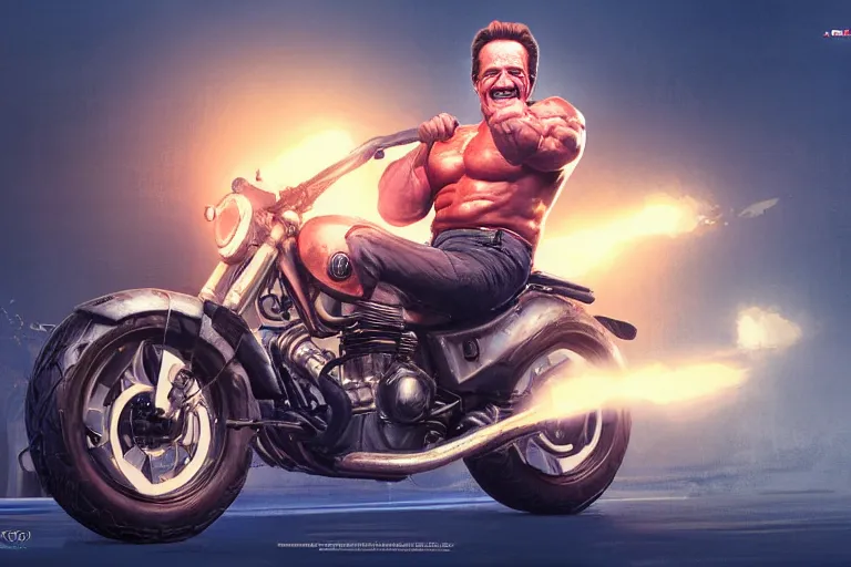 Prompt: Arnold Schwarzenegger grinning maniacally while riding a miniature motorbike, hyperrealistic, concept art, illustration, 8k, cinematic, digital painting, very detailed, volumetric lighting, artstation, unreal engine, vivid colors