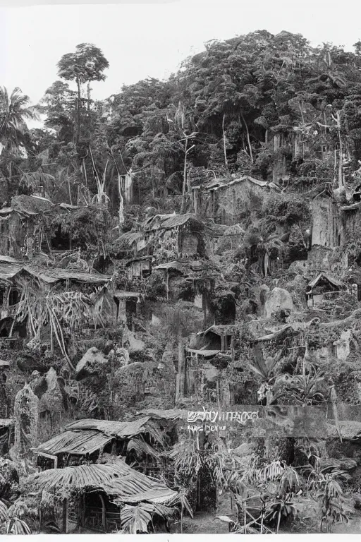 Image similar to alien village, jungle, black and white photography, year 1 9 0 0