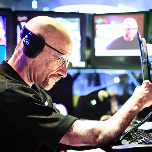 Image similar to walter white intensely gaming at esports tournament infront of crowd