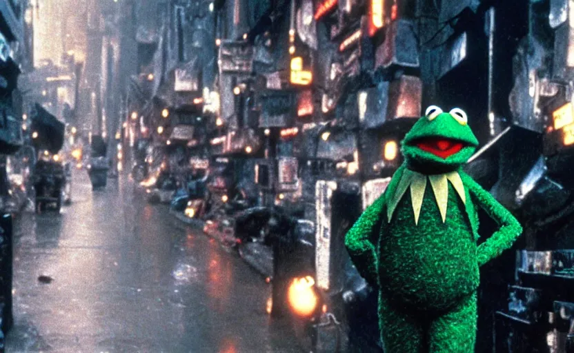 Image similar to a still of muppets in blade runner ( 1 9 8 2 ). highly detailed felt. hyper real photo. 4 k.