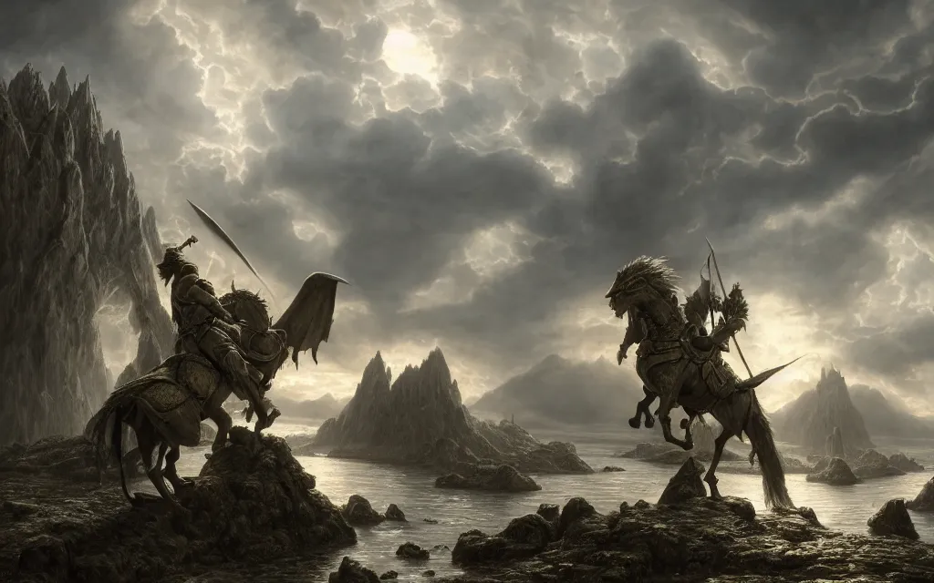 Image similar to st. george killing the dragon, fantasy composition, medieval adventurers in lord of the rings scenery landscape, magic portal in the sky, highly detailed, cinematic lighting, perfect composition, 4 k, gustave dore, derek zabrocki, greg rutkowski, belsinski, octane render, dark fantasy, intricate, elegant, highly detailed