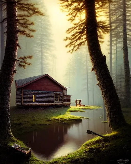 Prompt: a hyper - detailed 3 d render like an oil painting of cabin in the woods floating inside our own consciousness!!!!! surreal concept art, lifelike, photorealistic, digital painting, aesthetic, smooth, sharp focus, artstation hd, by greg rutkowski, bruce pennington, valentina remenar, rhads, asher duran,