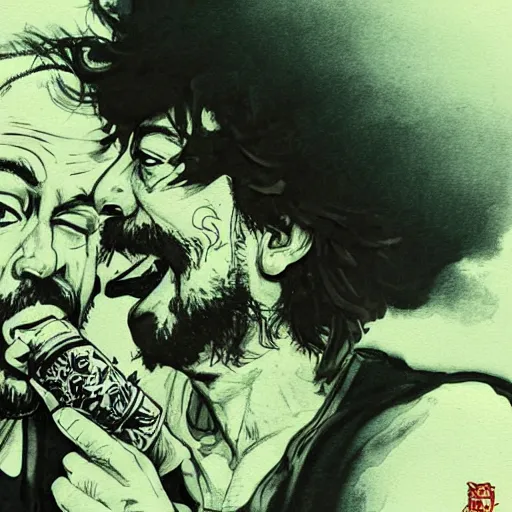 Image similar to portrait of cheech and chong smoking weed, smoke, concept art, sumi - e style, intricate linework, artstation, trending, highly detailed, smooth, focus, art by yoji shinkawa,