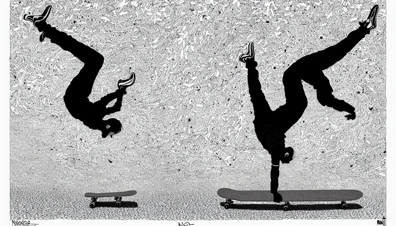 Prompt: doing a handstand on a skateboard by nicolas delort, moebius, victo ngai, josan gonzalez, kilian eng