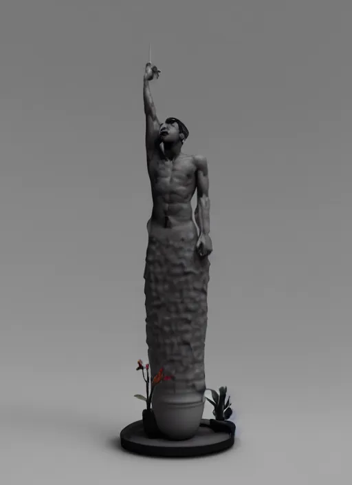 Image similar to a sculpture of a man standing next to a tall vase, a raytraced image by Hikari Shimoda, polycount, video art, vray tracing, ray tracing, rendered in unreal engine