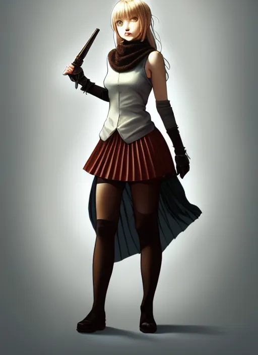 Image similar to portrait of a full body of beautiful young female detective, d & d, sleeveless turtleneck, pleated skirt, fantasy, flat lighting, intricate, highly detailed, digital painting, artstation, concept art, smooth, sharp focus, illustration, misa amane, art by simon bisley and greg rutkowski and alphonse mucha, natural tpose