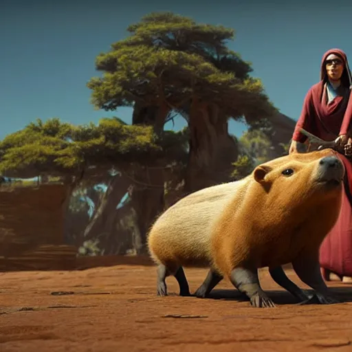 Image similar to female jedi riding a giant capybara into battle unreal 5, hyperrealistic, realistic, photorealistic, dynamic lighting