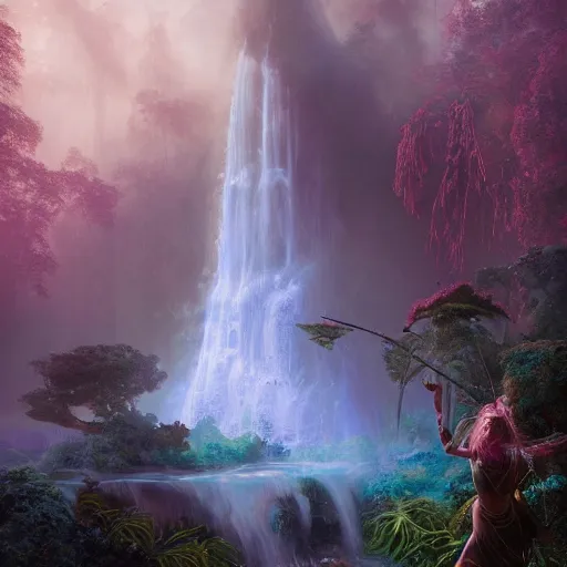 Image similar to tom bagshaw, beautiful amazon full armor, mythical cosmic shrine, soft painting render curiosities carnival pond river vegetation rocks bugs wildlife mushrooms covered moss bioluminescent wisps, beautiful stunning waterfall, accurate features, focus, very intricate ultrafine details, random volumetric lighting, fog, award winning masterpiece, octane render 8 k hd, artstation