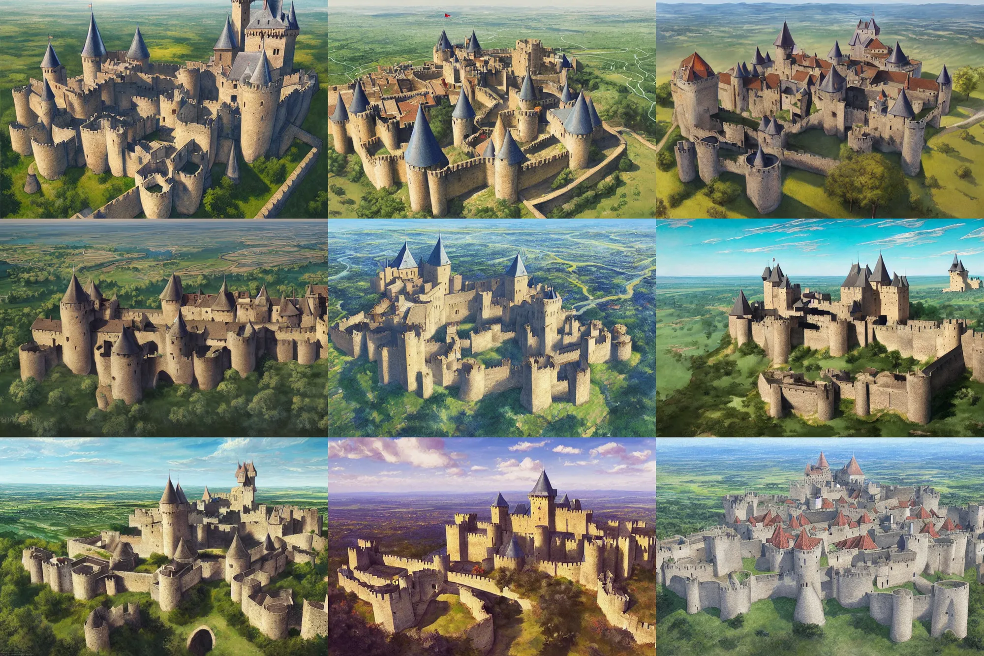Prompt: painting of castle carcassonne, aerial view, art by artgerm and greg rutkowski and magali villeneuve