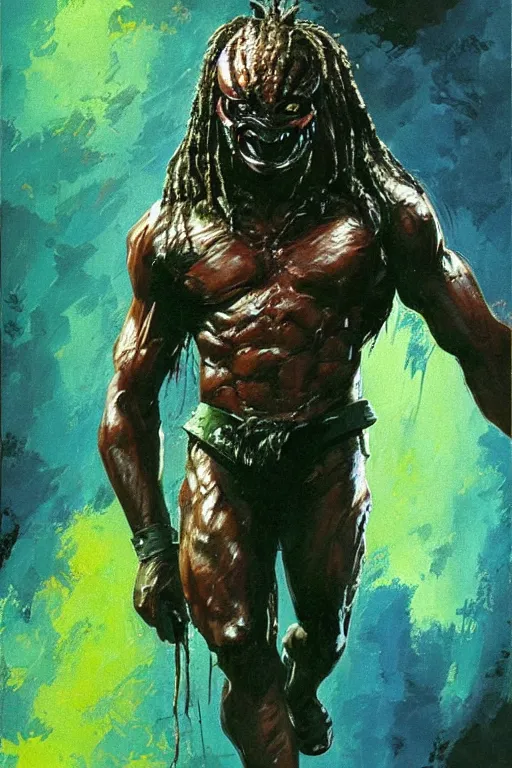 Image similar to pierre emmanuel saubade turned into the predator from 1 9 8 6 movie, artstation, concept art, smooth, sharp focus ilustration hq, painting in the style of leroy neiman, green tones