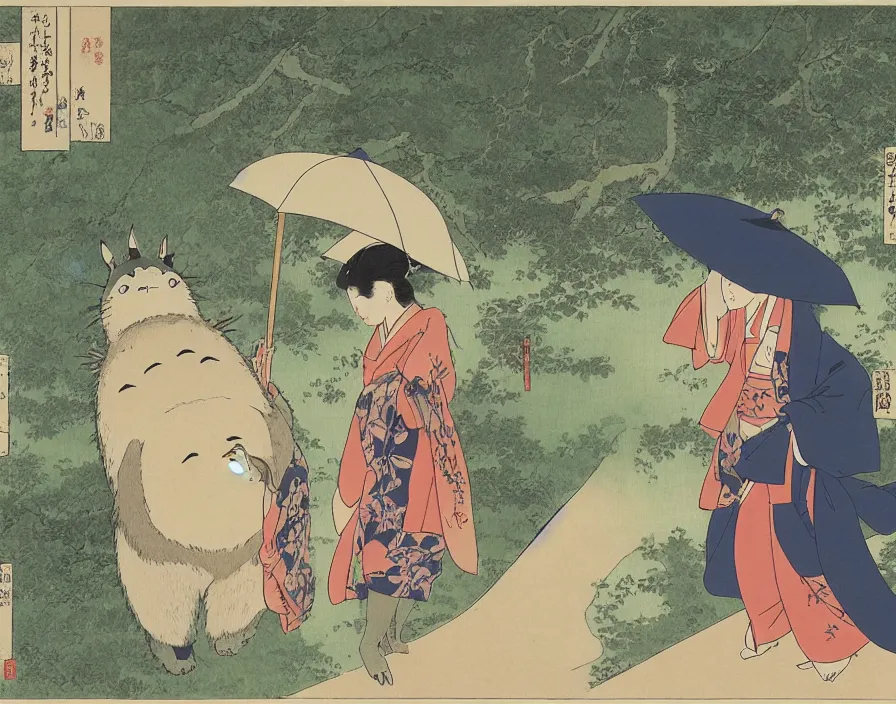 Image similar to A female Retzling with short blond air, standing with big Totoro at a japanese bus stop, holding an umbrella, in the dark forest, rainy night, Ukiyo-e, Katsushika Hokusai,