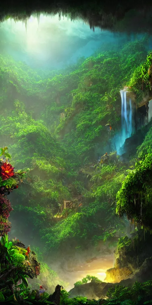 Prompt: a shipwreck at the bottom of a caribbean jungle cave, lush flora, waterfall, mountains, dark towering clouds, flowers, vines, sunset, volumetric lighting, rtx on, washed out colors, an award winning digital render, beautiful, ultradetailed, great composition