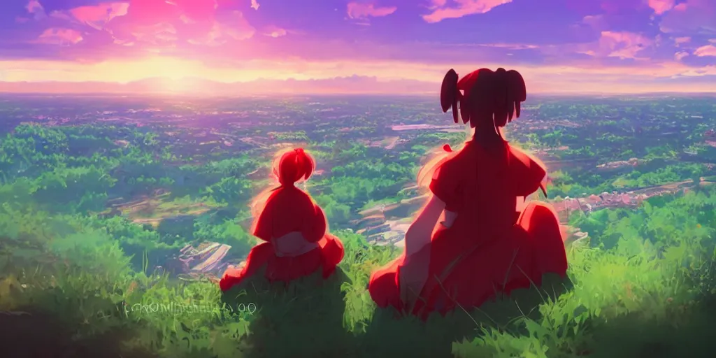 Image similar to reimu sitting on a hill off to the side looking down upon swedish town, during dawn, cinematic, very warm colors, intense shadows, anime illustration, anime screenshot composite background