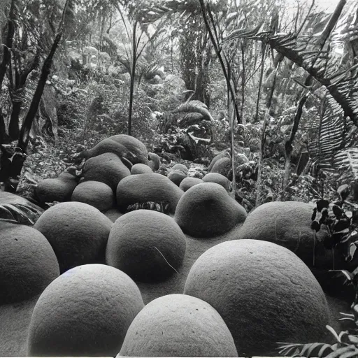 Prompt: jelly boulders in a jungle landscape, 1960s photo