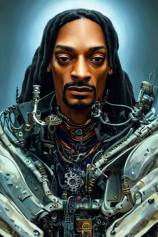 Prompt: 2 0 year old snoop dog as a steampunk cyborg gunslinger, portrait, cyber western, neon, duster, fantasy, intricate, elegant, highly detailed, digital painting, artstation, concept art, sharp focus, illustration, art by artgerm and greg rutkowski and alphonse mucha