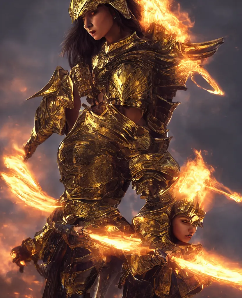 Prompt: Profile shot of a fiercely beautiful woman in golden angelic battle armor wielding a flaming sword, cinematic, epic, 4k, stylized, realism