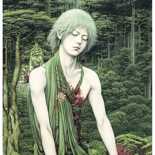 Image similar to a simple concept art portrait of an ancient temple in the forest, an award winning yoshitaka amano digital art poster, by, james gurney and gerhard richter. art by takato yamamoto. masterpiece, deep colours.