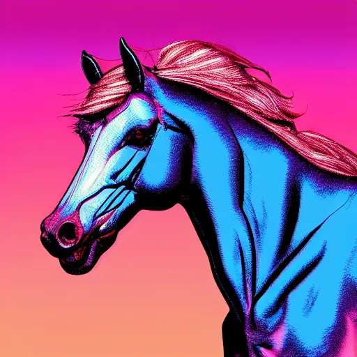 Image similar to digital horse, synthwave palette, highly detailed, anatomically correct equine, retro feel, portrait, digital art