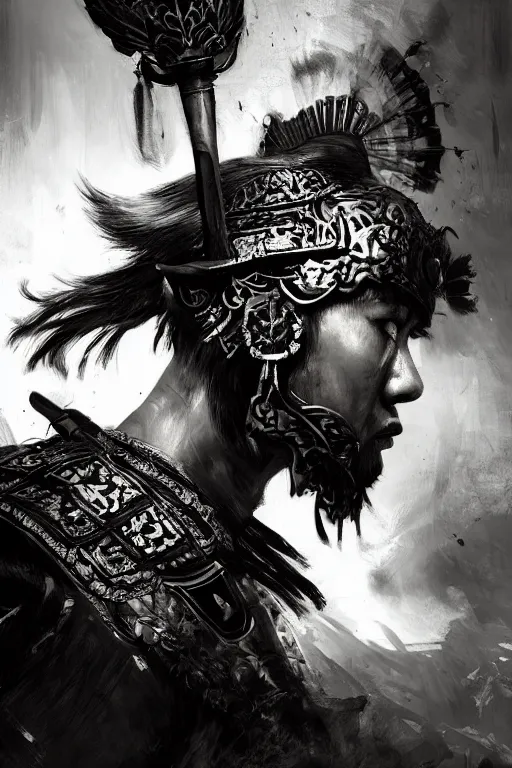 Image similar to chinese warrior, portrait, fierce, intricate, elegant, black and white volumetric lighting, scenery, digital painting, highly detailed, artstation, sharp focus, illustration, concept art, ruan jia, steve mccurry