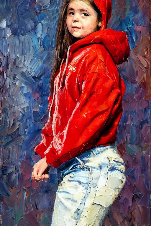 Image similar to palette knife oil painting portrait of nellie, a small figured young woman, dressed like a country bumpkin : jeans, boots, a pointy bright red hoodie. extreme detail, artstation trending, artgerm, any racial background, deviant art, octane, substance, art history 8 k