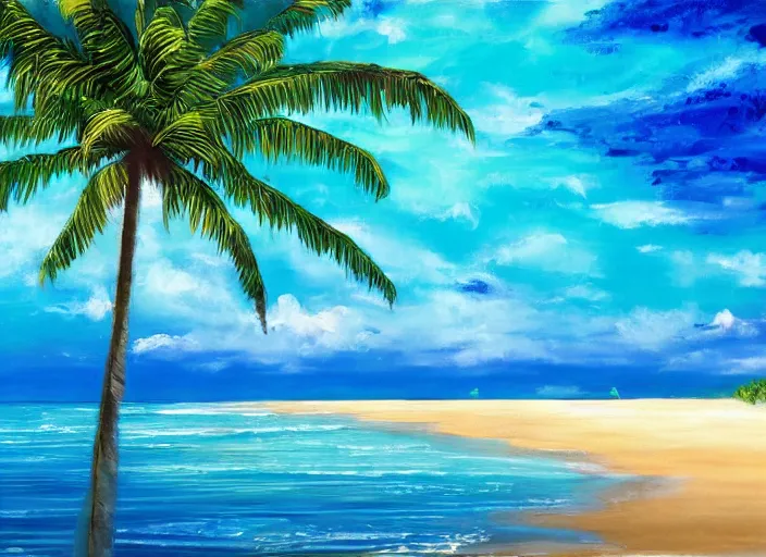 Prompt: A beautiful award winning painting of a tropical beach with palm trees and a wavy blue ocean trending on artstation vibrant color scheme lots detail 4k ultra HD