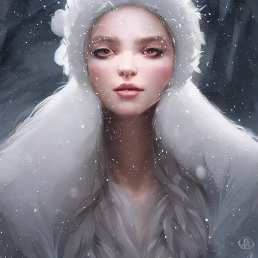 Image similar to a beautiful portrait of an winter goddess with ice hair by Greg Rutkowski and Raymond Swanland, snowflakes falling, Trending on Artstation, ultra realistic digital art