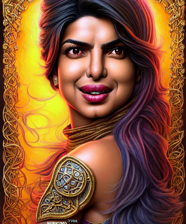 Image similar to Portrait of Priyanka Chopra , D&D, fantasy, intricate, richly detailed colored pencil 3D illustration of a beautiful with long metallic hair wearing a hoodie and short shorts that is evil and happy. mirrored background with completely rendered reflections, art by Range Murata and Artgerm highly detailed, digital painting, trending on artstation, sharp focus, illustration, style of Stanley Artgerm, perfect smile and tooth