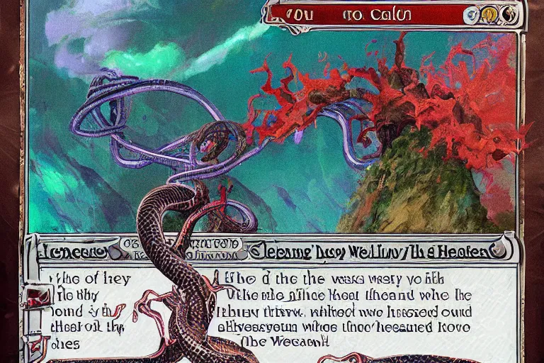 Prompt: a treacherous xlotyl pass, the price of the depths below may far outweigh the treasures that lie ahead. the narrow tightrope path guarded by a many - tendriled colorful serpent who will not hesitate to hiss his horrible hiss. no one who hears what it says survives ; one whisper of that serpent and they jump.