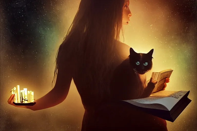 Image similar to romantic photo of bright girl, her cat and her book of necronomicon, symmetrical, cinematic, real dlsr photography, sharp focus, 4 k, ultra hd, sense of awe, sinister demonic atmosphere, dreadful, forbidden knowledge, old gods, cthulhu, yog - sothoth! yah, yah, yah! cultist journal cover