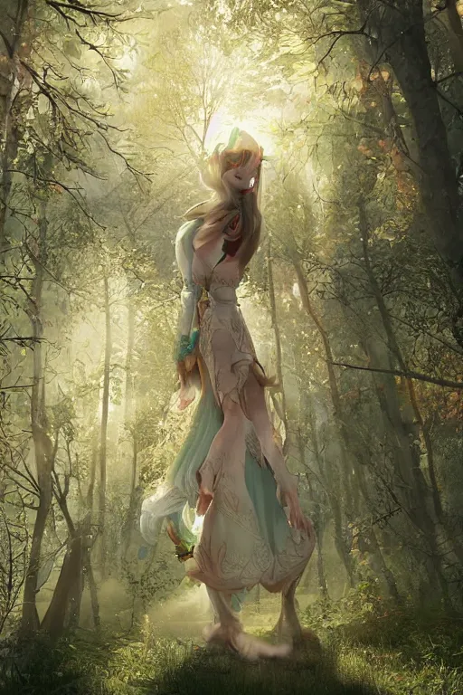 Image similar to a beautiful elf princess walking in an enchanted forest, beautiful and symmetrical face, light rays sieving through the trees, evening, warm light, hyperrealistic, 4K, trending on artstation