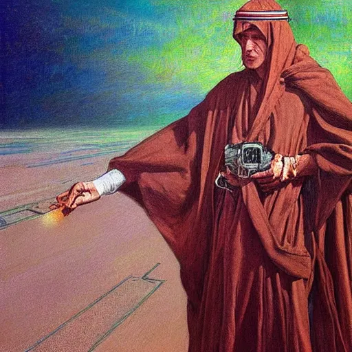 Image similar to A painting. A rip in spacetime. Did this device in his hand open a portal to another dimension or reality?! Lawrence of Arabia, pastel dark by William Holman Hunt, by Travis Louie straight, melancholic